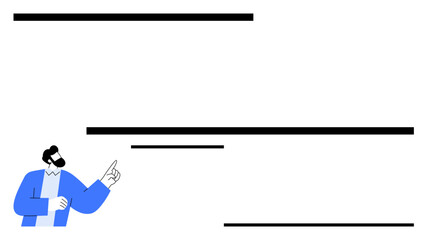 Person in a blue jacket pointing at parallel horizontal lines, highlighting organized communication. Ideal for presentations, teamwork, strategy, leadership, education, creativity, abstract line flat