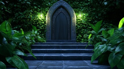 Fototapeta premium Mysterious Garden Entrance - A dark wooden door set within a stone archway, surrounded by lush green foliage, leads up a stone staircase. A mystical and enchanting scene