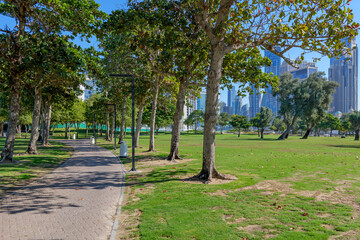 Obraz premium Picturesque green park in the center of Dubai with a view of the skyscrapers of Downtown Dubai. A great place for walks, picnics, and relaxation amidst nature and urban architecture
