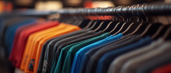 Colorful t-shirts on hangers in a row