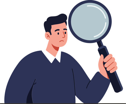 A man holding a magnifying glass while showing curiosity in a flat vector illustration featuring a clean and modern design style, ideal for educational content or research themes vector art