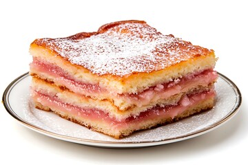Layered cake slice with fruit filling on a plate, studio shot