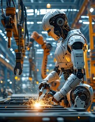 Industrial robots performing automated welding in a modern manufacturing facility during daytime