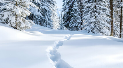 Obraz premium Snow-covered path through snowy forest, winter sunlight