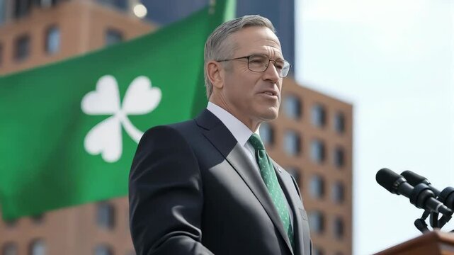 Irish-American politician delivering a speech during St Patrick's Day wearing a green tie with shamrocks