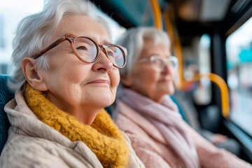 Elderly woman in glasses enjoys peaceful bus ride. Warm scarf and relaxed smile reflect comfort and independence, highlighting urban mobility for seniors in modern city life.