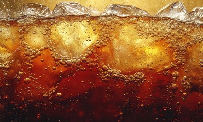 Refreshing Carbonated Beverage with Bubbles and Ice Cubes, Captured in Close-Up with a Warm Golden Background, Perfect for Summer Thirst Quenching Moments