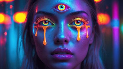 Vibrant artistic portrait featuring a girl with neon colors and third eye symbol at an urban nighttime setting