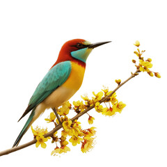 Fototapeta premium A colorful bird perched on the branch of yellow flowers, against a transparent background, png