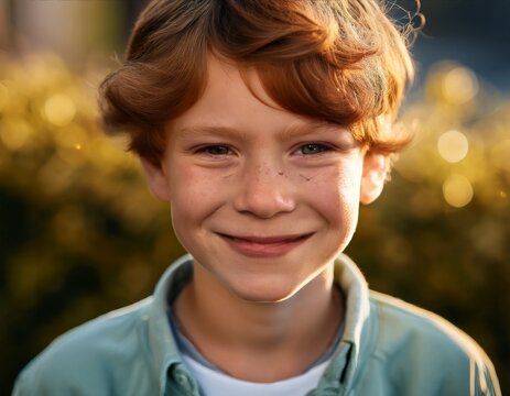 Generated imagA close-up shot of a joyful child with a bright smile, their face dotted with freckles. The child&rsquo;s sparkling eyes and innocent expression are captured in the soft natural light, conveyi