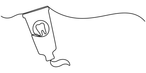 Continuous line drawing of toothbrush and toothpaste, object one line, single line art, vector illustration, Continuous one line drawing of close up of a toothpaste tube in silhouette on a white. 