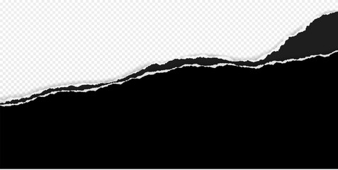 Black piece of paper with torn edges and soft shadow are on transparent background for text or ad.