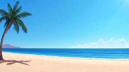Obraz premium Summer Beach Paradise Illustration - Serene beach scene, palm tree, tranquil ocean, sunny sky, white sand; symbolizing relaxation, escape, vacation, warmth, and paradise