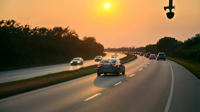 Dynamic surveillance camera capturing multiple perspectives of highway traffic during vibrant sunset, showcasing vehicles moving against golden evening light and distant landscape