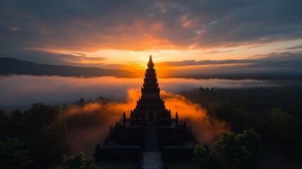 Sunrise Temple in Mist - Ancient temple silhouetted against a vibrant sunrise, shrouded in morning mist. Serene and majestic