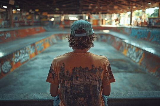 
A guy in a printed T-shirt, with a baseball cap, standing near a skate park.

 - Powered by Adobe