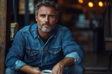 Obraz premium A man in a denim shirt sitting on the stairs with a cup of coffee.