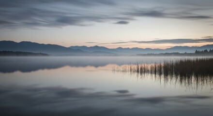 Fototapeta premium Tranquil dawn scene, soft light over mountain lake with misty atmosphere