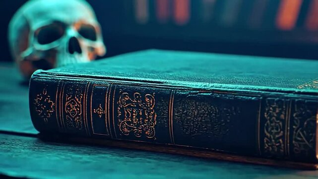 Antique book, skull, dark room - Powered by Adobe