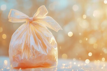 A photo featuring a plastic bag adorned with a bow creating a simple and decorative appearance Sparkly and magical graphics of an ambu bag .
