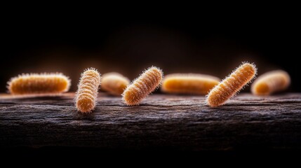 Naklejka premium Close-up of several tiny, fuzzy, light-brown insects on dark wood.
