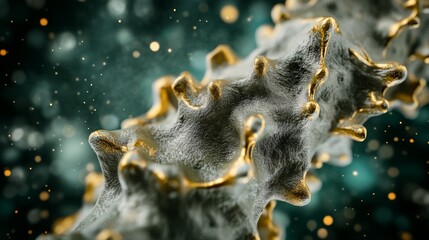 Close-up of a textured, gray and gold abstract form against a dark teal background. Luxurious and elegant.