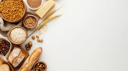 Fototapeta premium Abundance of grains and cereals forming a balanced diet food concept with copy space