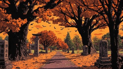 Anime-inspired wallpaper featuring a picturesque autumn park scene.