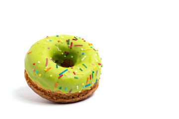Green glazed donut isolated on white background.