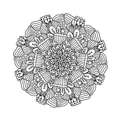 Round floral mandala. Black and white coloring page for adults. Vector illustration.