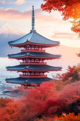 Fototapeta premium Serene Japanese pagoda, autumn leaves, mountain backdrop. Peaceful scene.