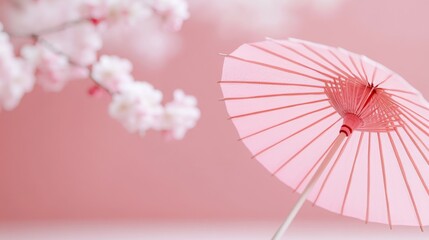 Delicate pink paper parasol and blossoms.