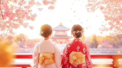 Two young Asian women in kimonos, back view, admire a temple with cherry blossoms falling.