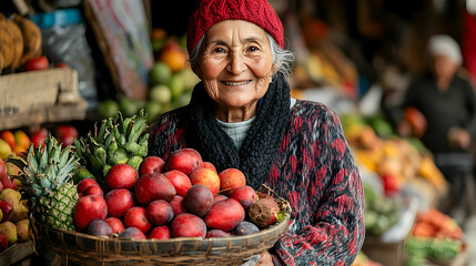 Obraz premium Elderly woman holding basket of fruit at market