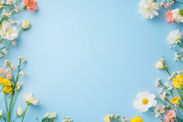 Obraz premium Floral border on blue background with colorful flowers and blossoms