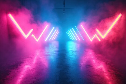 Abstract scene with glowing neon arrows, blue and pink, facing opposite directions