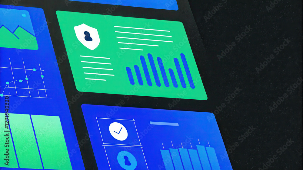 Poster secure cloud storage concept, cybersecurity dashboard displaying data analytics and security metrics