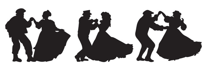Beautiful couple in vintage costumes and dresses are dancing in black isolated on white background. Hand drawn vector silhouette illustration. Concept of dance class, festival, masquerade ball