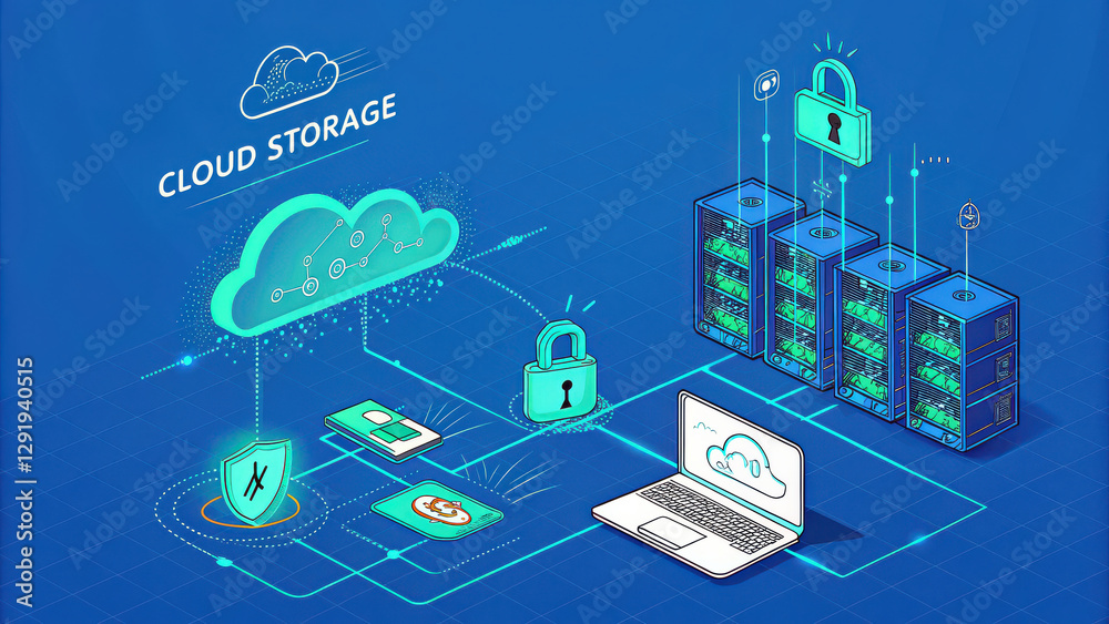 Poster secure cloud storage concept, cloud storage system with cybersecurity features and data protection