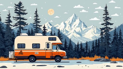 Campervan in Snowy Mountain Forest