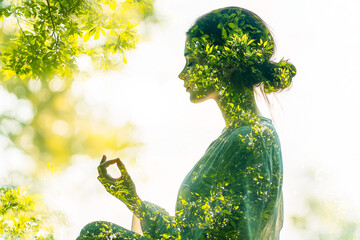 Surreal image of a woman meditating in nature, blending harmoniously with trees and leaves in a double exposure effect.
