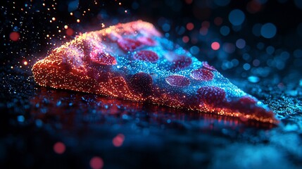 Glowing pizza slice with particles.