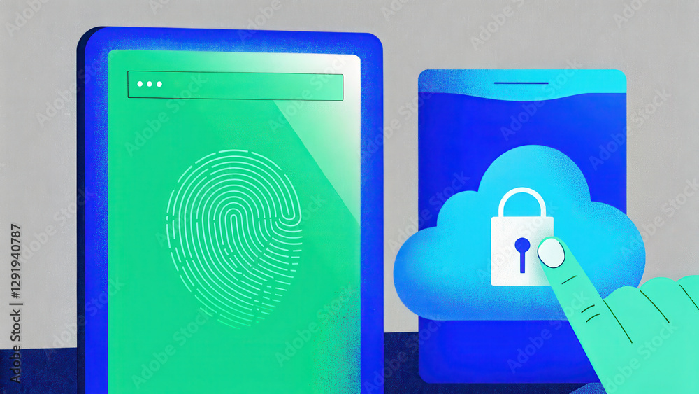 Poster secure cloud storage concept, unlocking secure cloud with digital fingerprint scan on devices