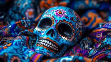 Fototapeta premium Vibrant blue sugar skull rests on patterned fabric. Day of the Dead art.
