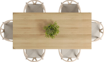 Top view of wooden dining table with chairs	