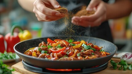 Halal food organic and delicious Vibrant cooking scene with spices added to a colorful vegetable dish.