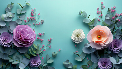 Beautiful Spring background with copy space. Paper Flowers and green leaves composition. Pastel Teal Postcart template for Mother's Day or Wedding invitations