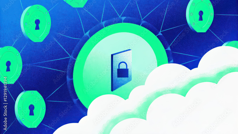 Poster secure cloud storage concept, secure cloud encryption with digital locks and protective shield