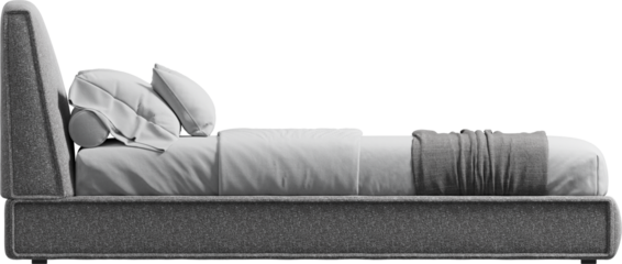 Side view of double bed with headboard and blanket