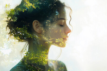 A serene woman meditating outdoors in a peaceful natural setting, depicted with a double exposure effect blending her silhouette with trees and leaves.